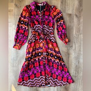 BTFL-Life Retro Floral Shirt Dress XS Belted Long Sleeve 70s Mod Boho Print